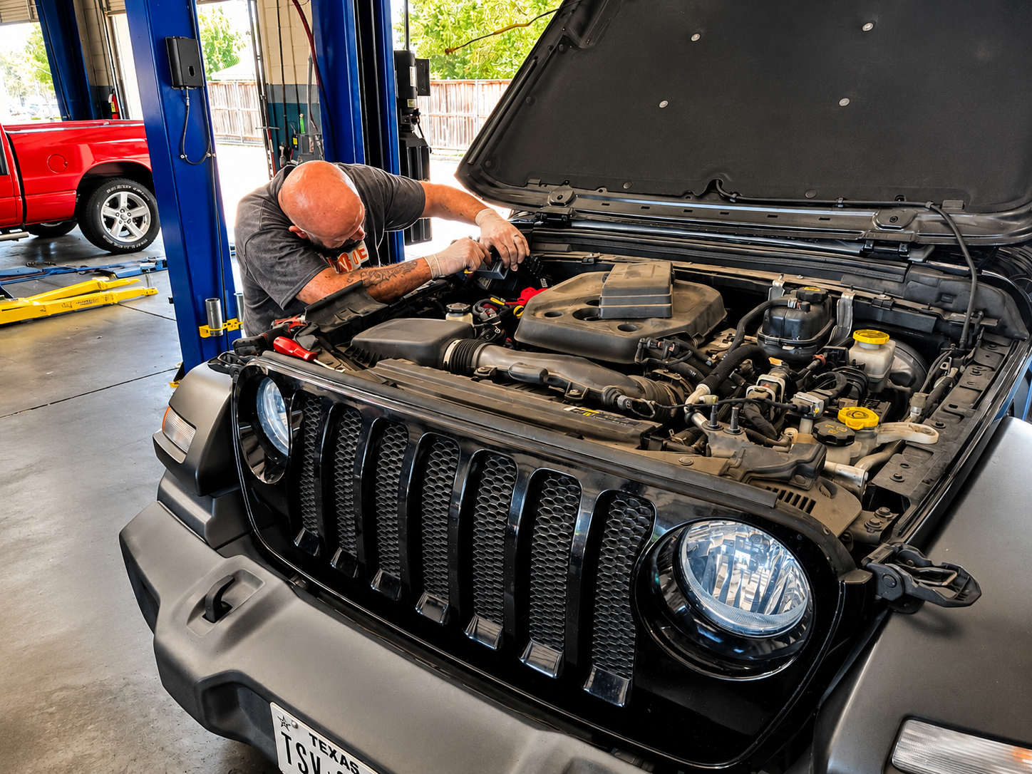 Jeep Wrangler engine repair in a service bay at Auto Care USA Briar Forest