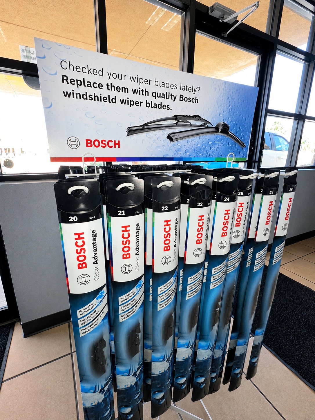 Bosch windshield wiper blade display at Auto Care USA in Spring, TX