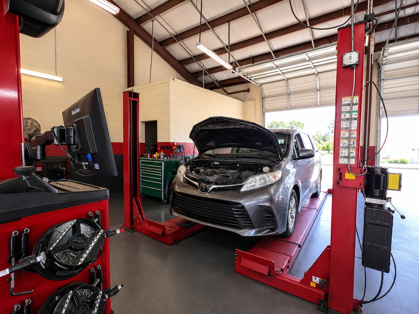 Toyota Sienna minivan on a lift in the alignment bay at Auto Care USA in Spring, TX